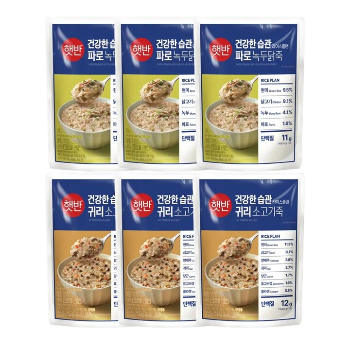 CJ제일제당 햇반 라이스플랜 파로녹두닭죽 420g x3개 + 귀리소고기죽 420g x3개