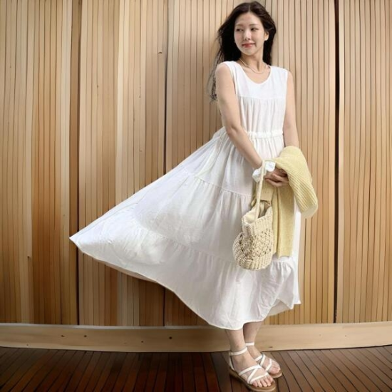 아트박스/신상오픈런 여성 린넨 단색 민소매 롱 드레스