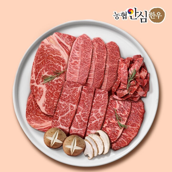 [농협안심한우][냉장] 1등급 한우 구이 5종 가족팩 1kg (등심/채끝/살치/갈비/부채)