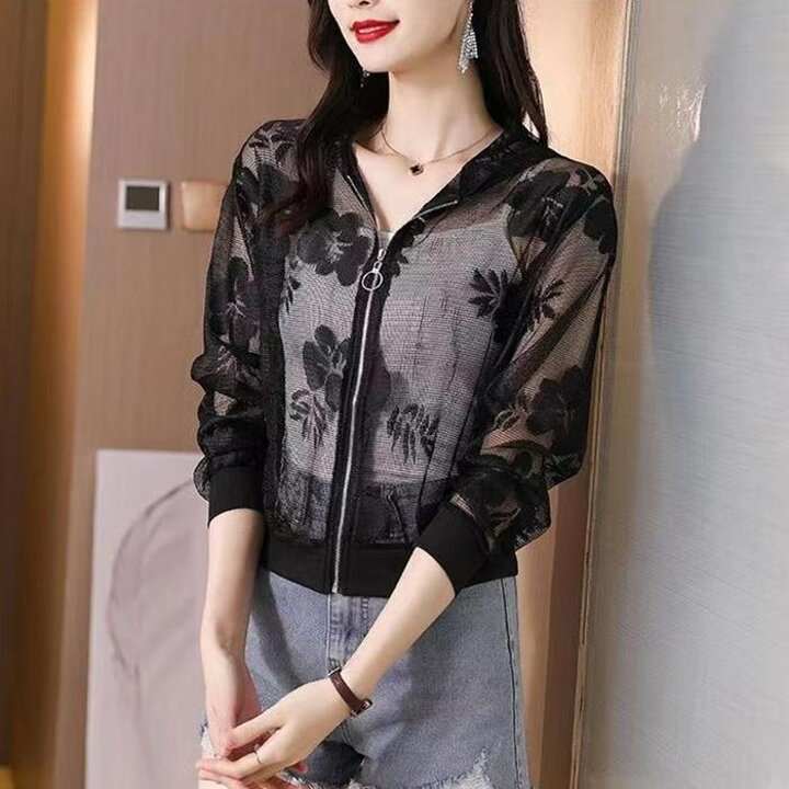 여성용시스루레이스후드블루종점퍼여름자켓