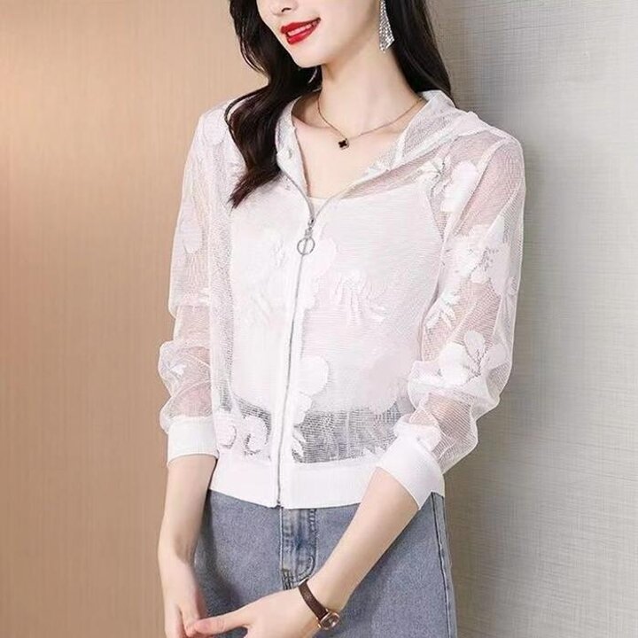 여성용시스루레이스후드블루종점퍼여름자켓