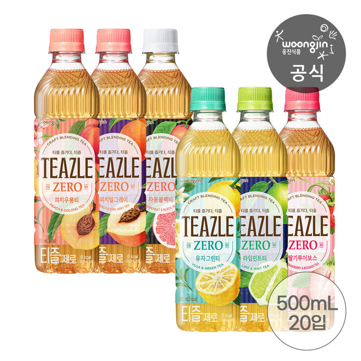 웅진식품 티즐 피치우롱티/유자그린티/자몽블랙티 제로 500mL 20개