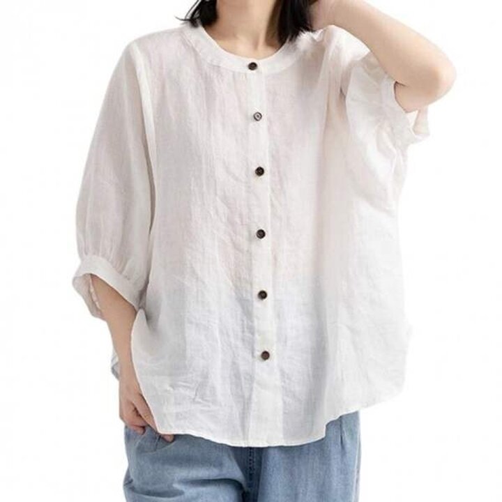 여성용 여름 7부 반팔 오버핏 셔츠 단추 블라우스