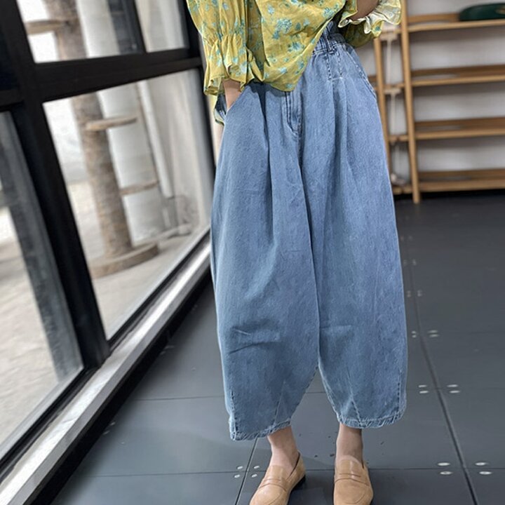 [리즈무드] 듀오 핀턱 데님 밴딩 배기팬츠