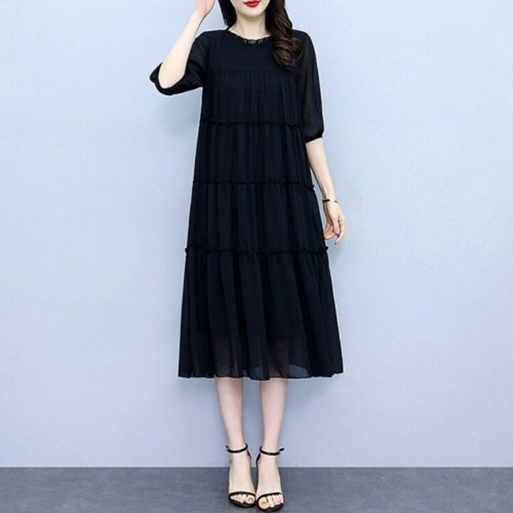 여성 여름 루즈핏 프릴넥 포인트 7부소매 쉬폰 원피스19911874667501