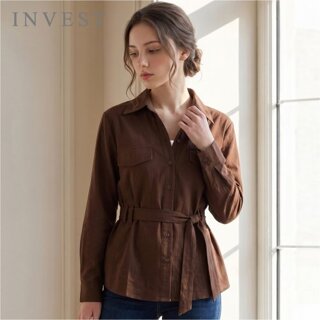 [인베스트] 오픈 카라 배색 벨티드 블라우스_IN6F1BL5121