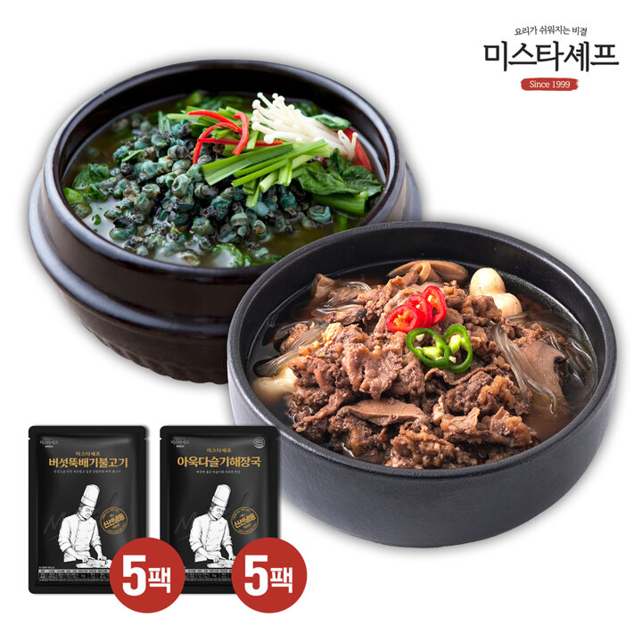 미스타셰프 아욱다슬기해장국 500g 5팩 x 미스타셰프 버섯뚝배기불고기 400g 5팩 (총10팩)