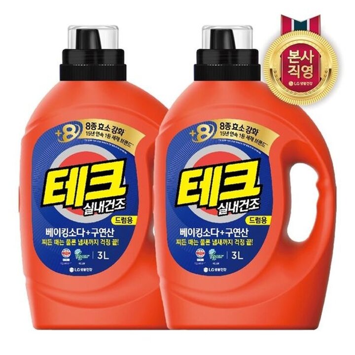 테크 베이킹소다+구연산 실내건조 액체세제 드럼 용기 3L x 2개..