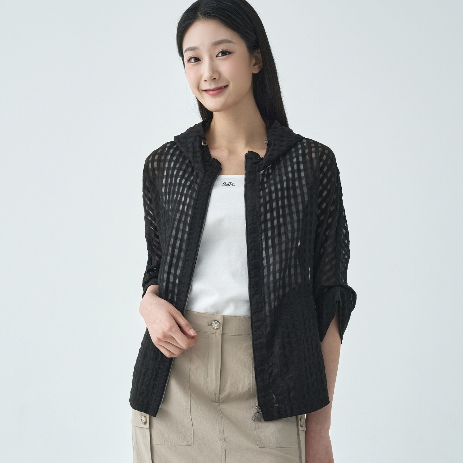 [지센] (2컬러) 시쓰루 반후드 집업 코트 LCCAO427