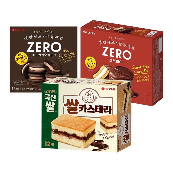 오리온 쌀카스테라 360g x1+제로 초코파이 336g x1+제로 카카오케이크 171g x1
