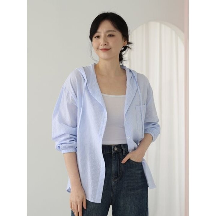 [하프클럽/웬디즈갤러리]줄지 시어써커 후드 롱셔츠  봄 여름 면 루즈핏 군살커버 VS..