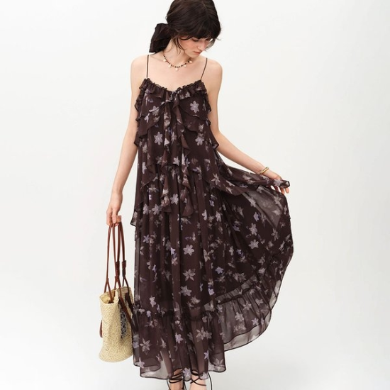 [웬스데이딜라잇]WD Layered ruffle floral chiffon dress BROWN