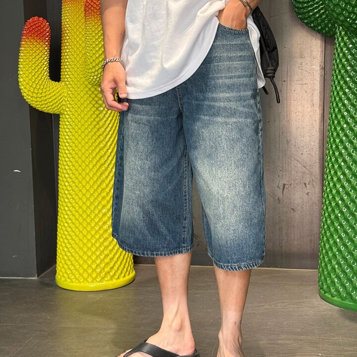 [옷자락] 남자 여자 박시 와이드 캣워싱 버뮤다데님 면 청반바지