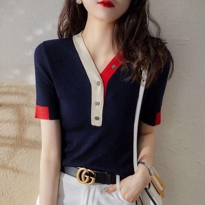 퓨어 배색 단추 니트 여자 예쁜 브이넥 셔츠 네이비19659350667501