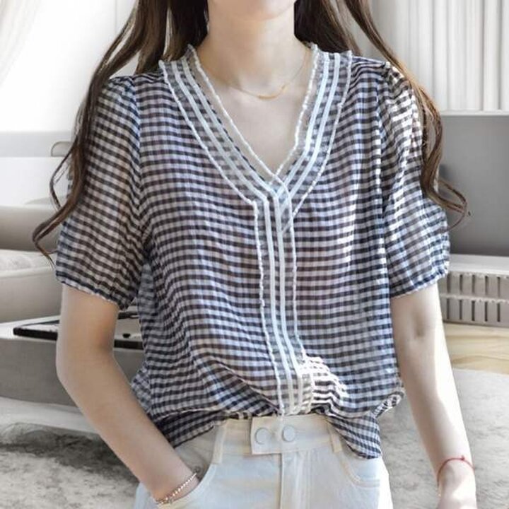 여름블라우스 여성 여름 브라우스 브이넥 블라우스 셔링 체크 반팔