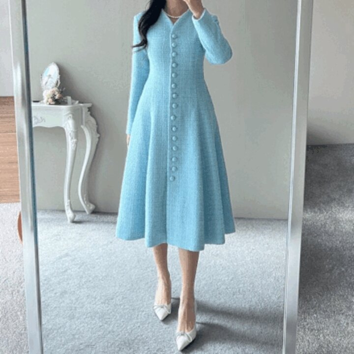 [하프클럽/엘린무드]델피아 울 볼륨 트위드 튤립넥 버튼 포켓 A라인 하객 겨울 코트형..