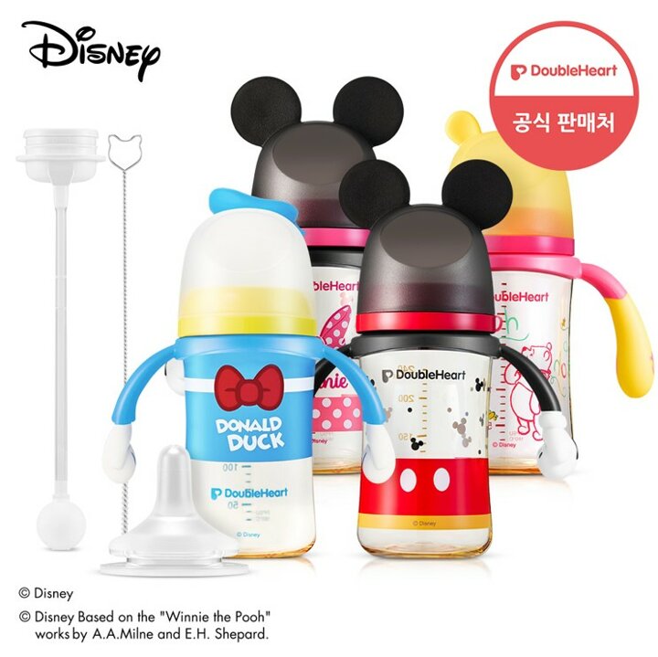 더블하트 모유실감 3세대 PPSU 디즈니+이유실감 세트 (핸들 젖병 240ml+빨대꼭지+추빨대+브러시)