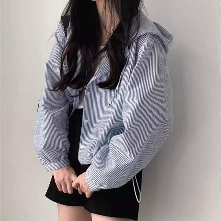 스트라이프 루즈핏 후드 셔츠 아우터
