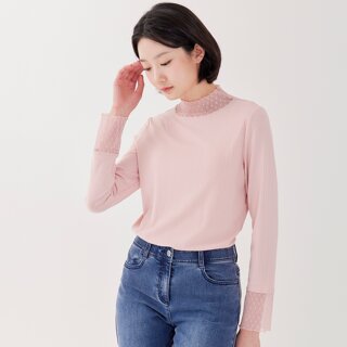 [지센] (3컬러) 골지 레이스패치 스판 티셔츠 LFTSP101
