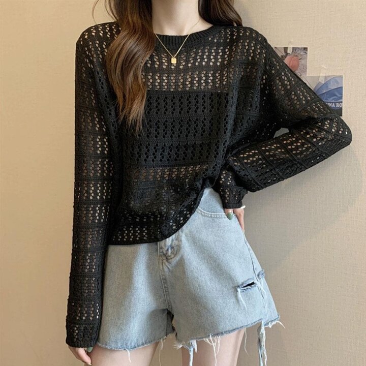 [옷자락] 여성 여름 시스루 그물 긴팔 니트웨어