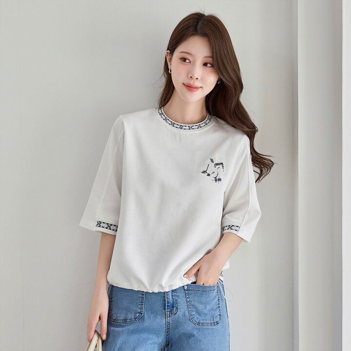 [모리스커밍홈] 포인트 배색 스트링 5부소매 티셔츠_M2603TS025B