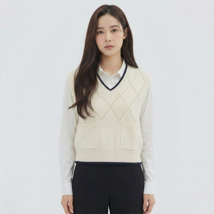 [반에이크] 브이넥 다이아패턴 니트베스트_VB32KVM302Z