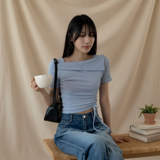 [옷자락] 여성 언밸런스 셔링 골지 오프숄더 티 반지
