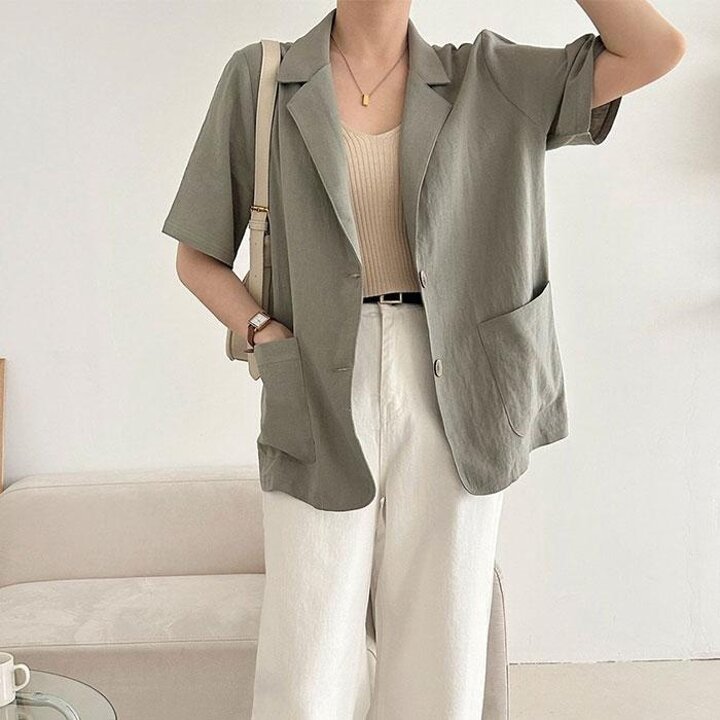 여름 투버튼 카라넥 린넨 반팔 여자 하프 자켓 룩 (10449534A)