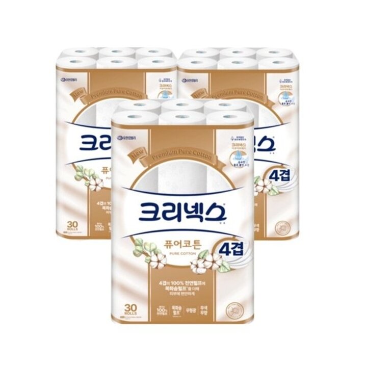 (신세계의정부점)크리넥스 퓨어코튼 도톰한 4겹  아쿠아 프레시 25m*30롤[3팩]