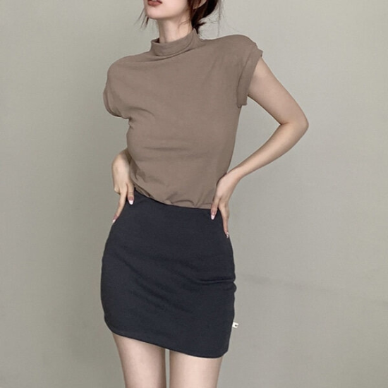 3컬러 캐주얼 하프 터틀넥 캡소매 크롭 반팔 티셔츠