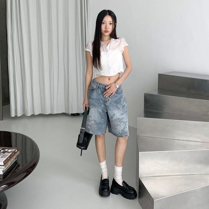 [옷자락] 여자 빈티지 카모 워싱 코튼 버뮤다 청 반바지