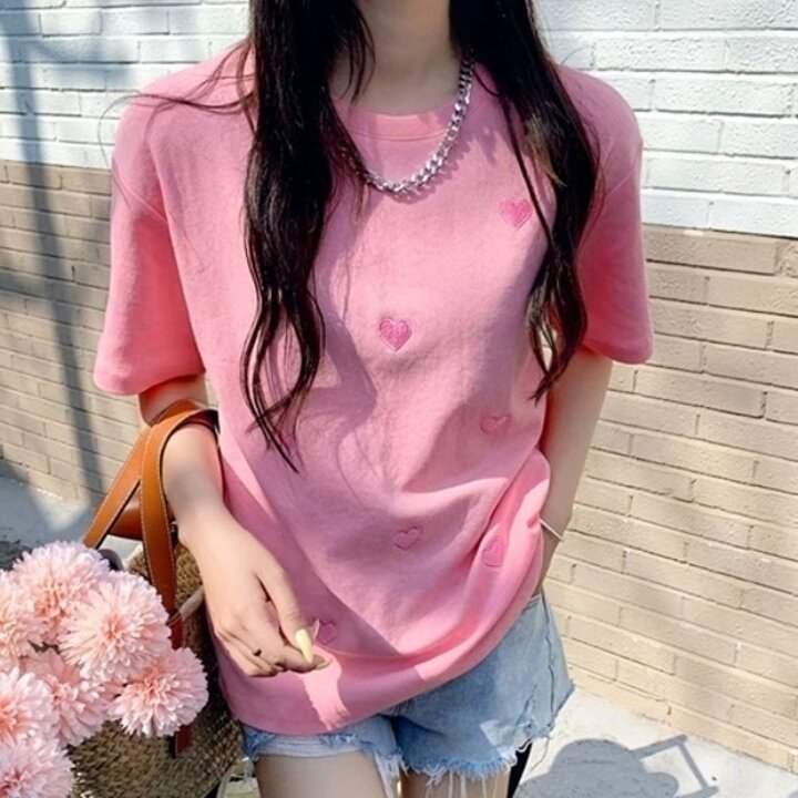 여름티셔츠 여성스러운 하트무늬 자수 데일리 반팔티19559022667501