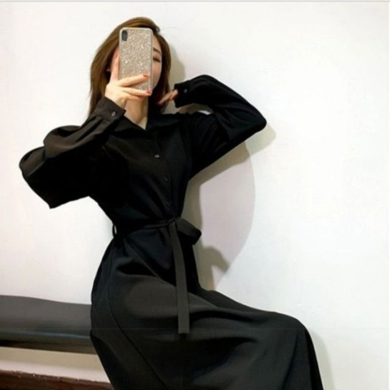 여성롱원피스 카라 데일리 블랙 허리끈 보온 롱원피스19644818667501