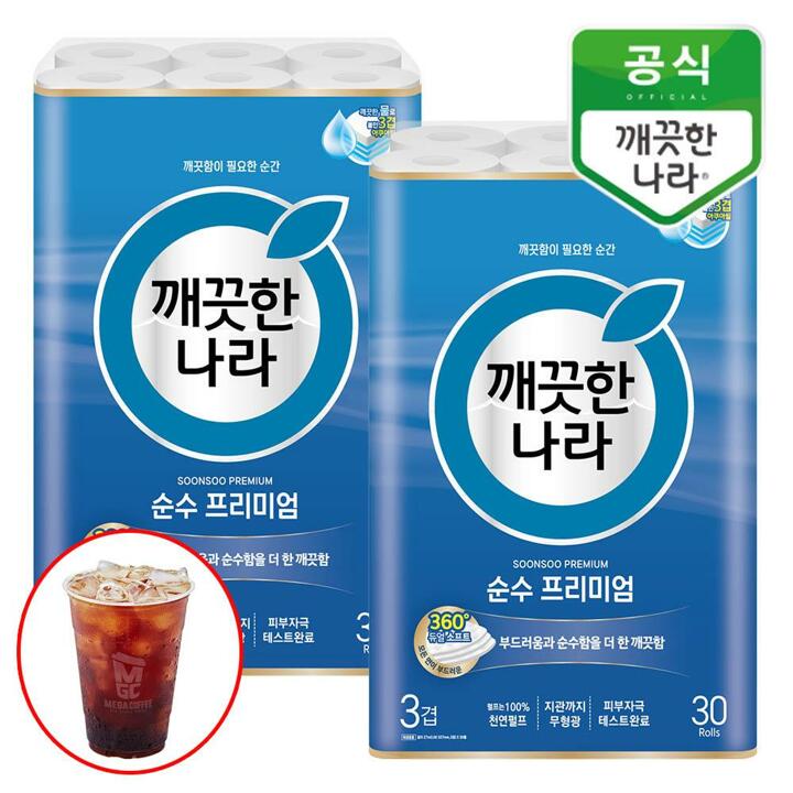 깨끗한나라 순수 프리미엄 3겹 화장지 27m 30롤x2팩+메가커피