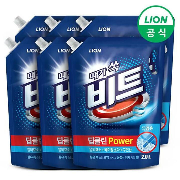 비트 세탁세제 딥클린파워 액체 2L리필 파우치 6개 일반 드럼 겸용