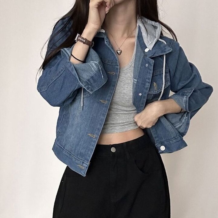데일리 여성 간절기 패션 후드 탈부착 데님 청자켓 레트로 패딩