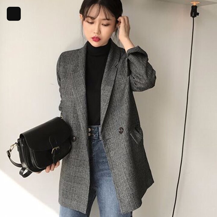 여자 캐주얼 소매 롤업 체크 카라 자켓 DMOW-JKA-SOHSCWAJ0508