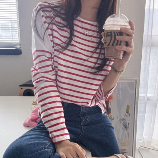 여자 SS 바캉스룩 줄무늬 롱슬리브 사이드슬릿 티셔츠