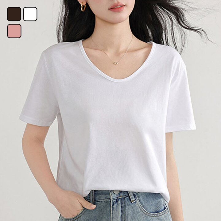 여자 베이직 U넥 옆절개 무지 반팔 티셔츠 DHTW-TSH-SN4430752