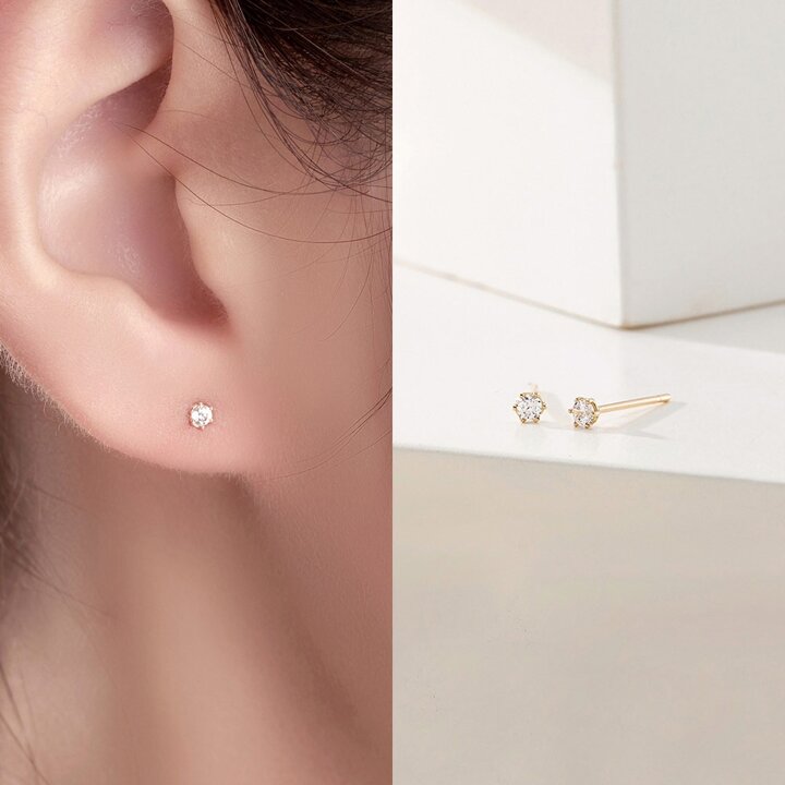 [모아르] 14K 귀걸이 핀 침 루이 6발 큐빅 귀걸이 4mm
