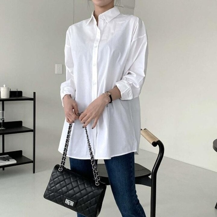 [다잇템] 여자 롱남방 빅사이즈 SS 세미시스루 면원단 화이트 셔츠12077101588872