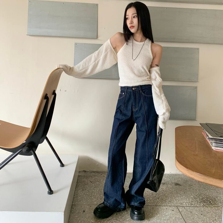 [옷자락] 여자 핀턱 절개 와이드 생지 데님팬츠
