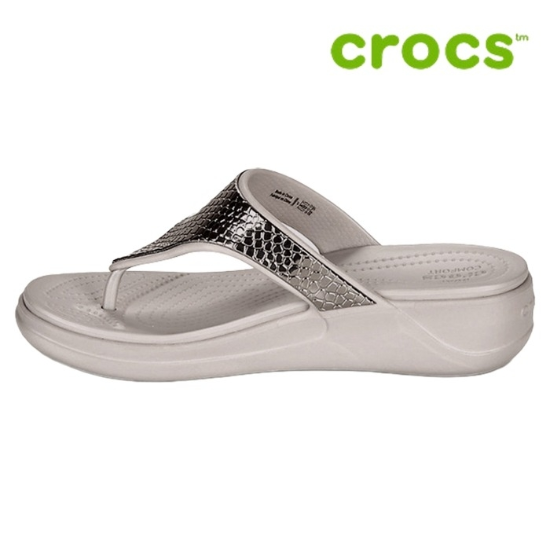 크록스 웨지 샌들 /u9- 206303-0GO / Womens Crocs Monterey Metallic Wedge Flip Silver-Platinum