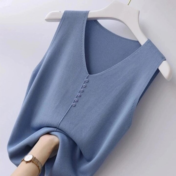 여자 베이직 버튼 데일리 V넥 SS 슬리브리스 니트