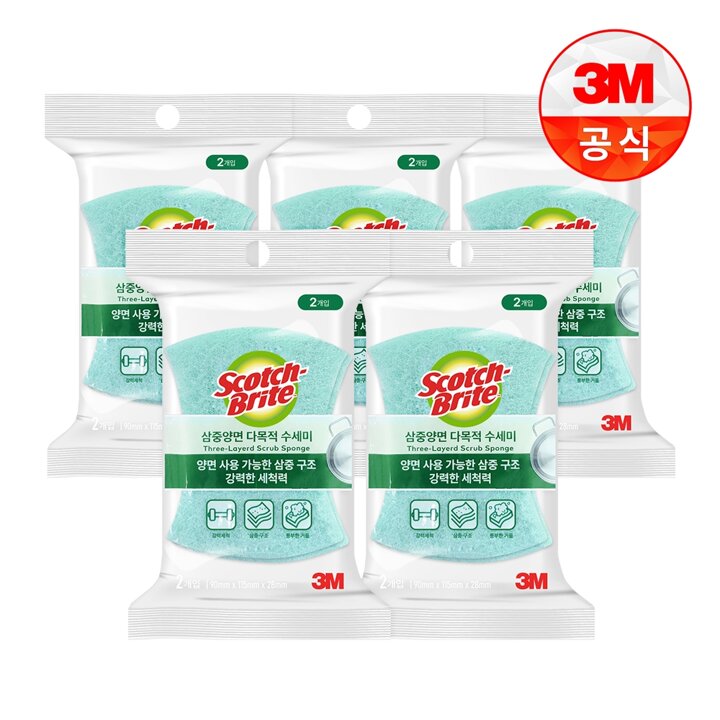 [3M]삼중양면 다목적 수세미 2입(찌든때세척용) 5개세트