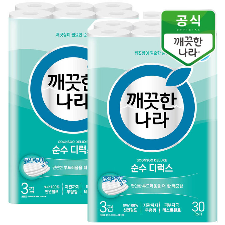 깨끗한나라 순수 디럭스 천연펄프 3겹 화장지 30m 30롤x2팩