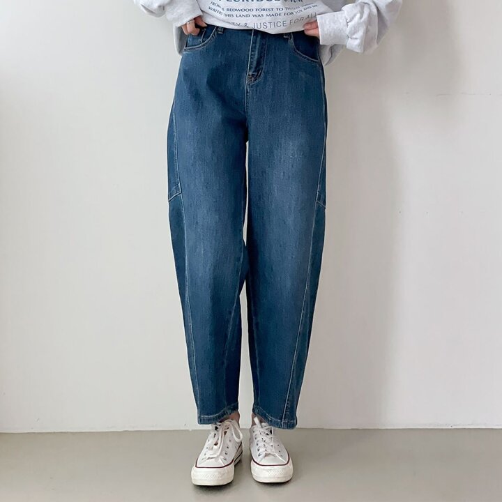 [옷자락] 여성 와이드 배기핏 사선절개 가을청바지 뒷밴딩