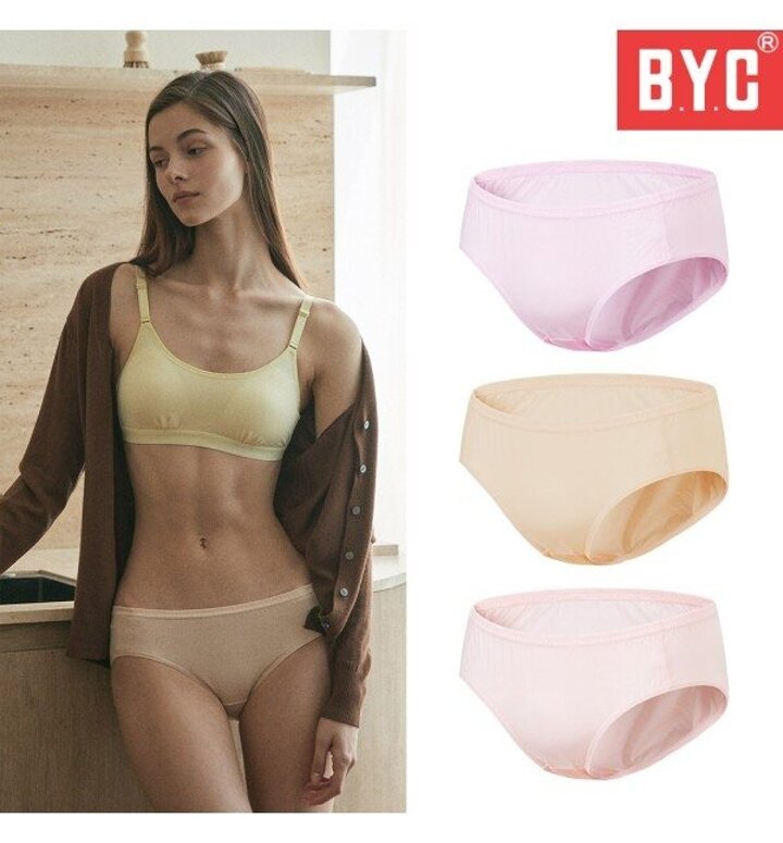 BYC 여성 팬티 통기성 40수 순면 미디 삼각팬티 3매
