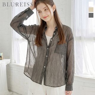 [블루레이스] 체크 링클 셔츠 카라 블라우스_B6M1BL1581