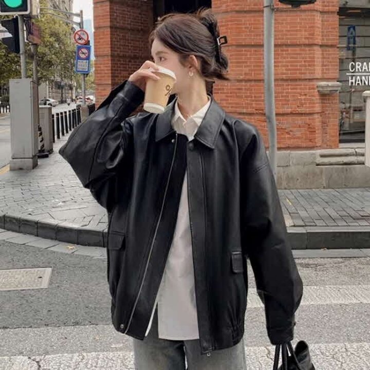 여성 오버핏 카라 집업 레더 자켓